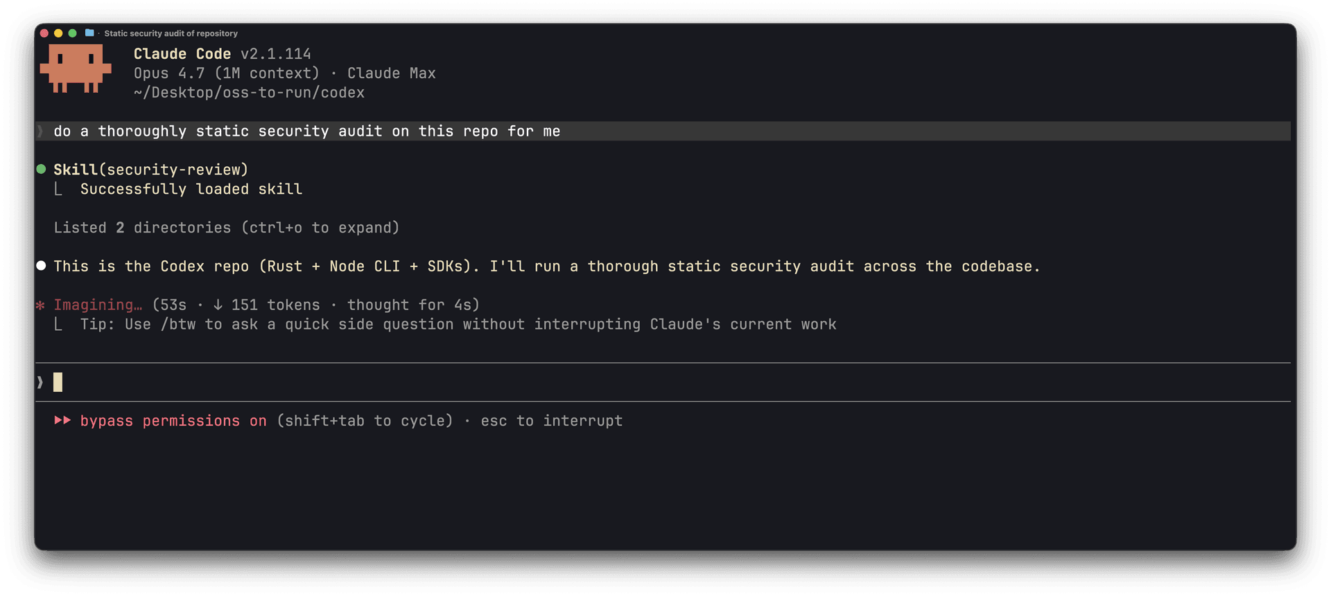 Claude Code v2.1.114 with Opus 4.7 performing a static security audit