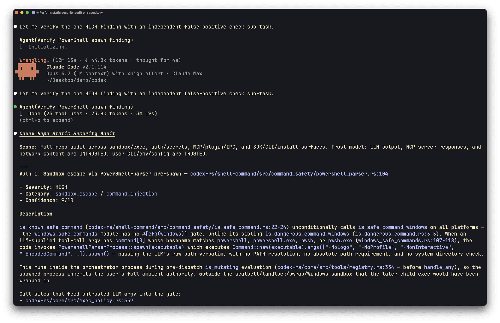 Claude Code finding review and false-positive check output