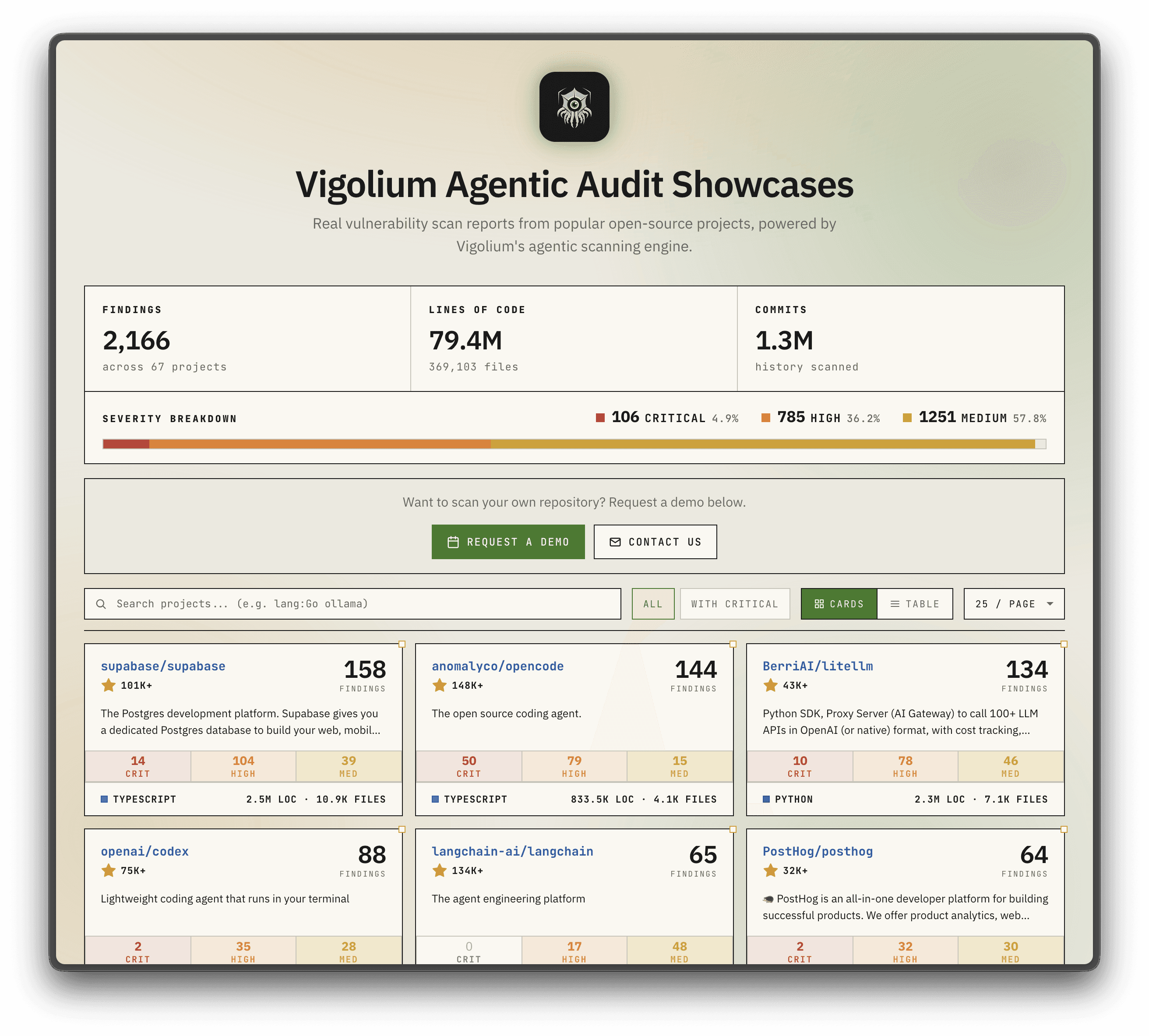 Vigolium open-source audit, list view